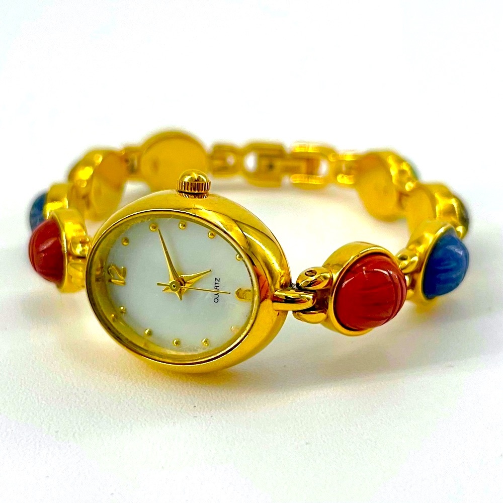 Semiprecious Scarab Stone Watch Retro Gold Egyptian Revival Beetle Japan Quartz